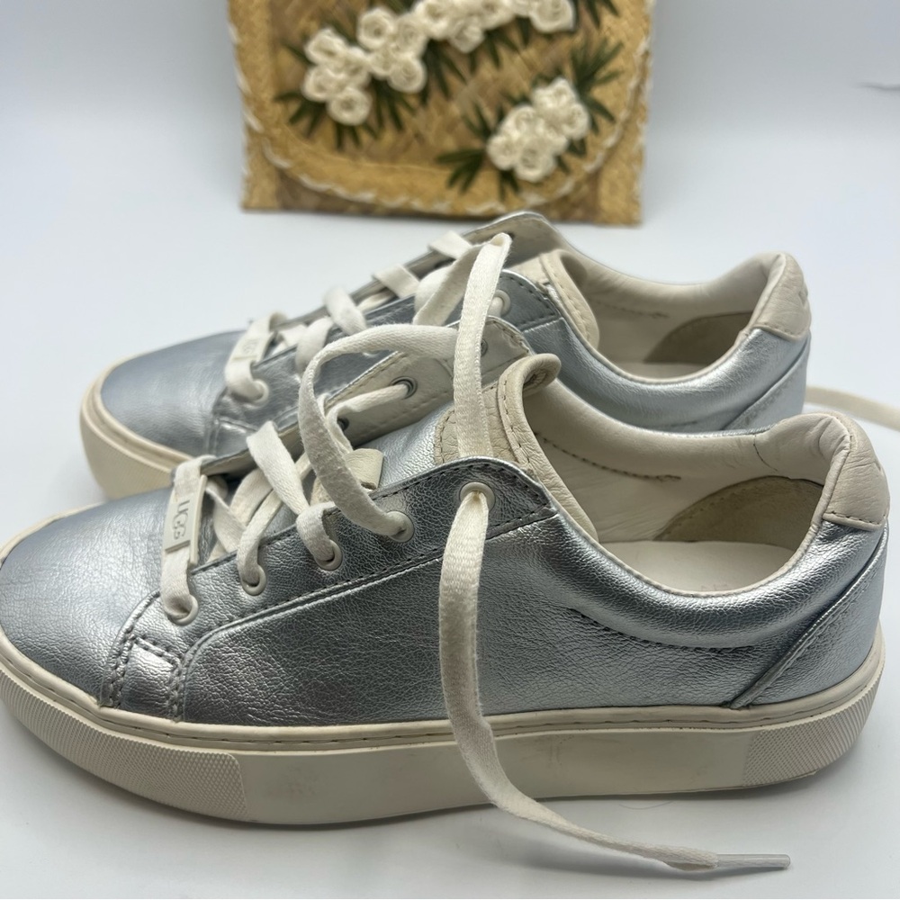 UGG Silver Leather Low-Top Sneakers with Cream Accents